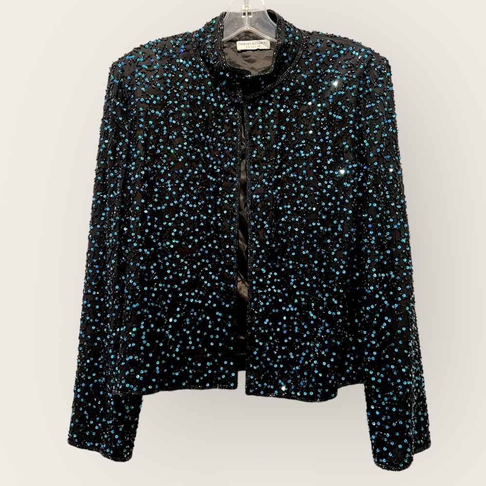Draper's & Damon's Green Sequin and Black Beaded Petite Jacket Sz Large Petite